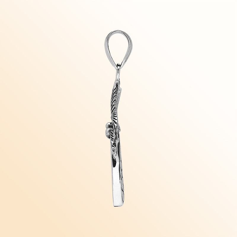 Elegant sterling silver palm tree pendant with mother of pearl inlay and Balinese craftsmanship in polished high-gloss finish.