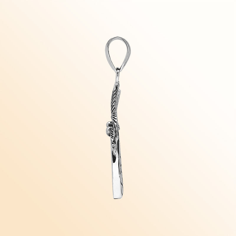 Elegant sterling silver palm tree pendant with black shell inlay and Balinese craftsmanship in a polished high-gloss finish.