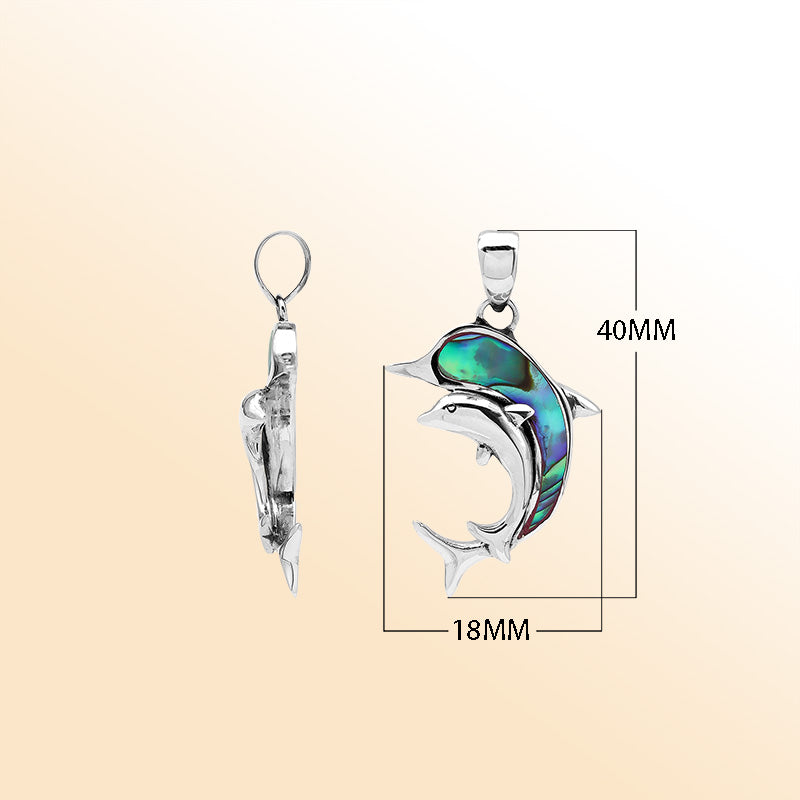 Elegant sterling silver dolphin pendant with abalone shell inlay and Balinese craftsmanship in a high-polish ocean-inspired design.