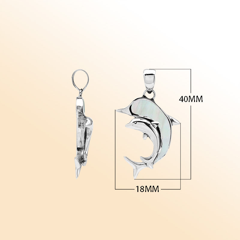 Elegant sterling silver dolphin pendant with mother of pearl inlay and Balinese craftsmanship in a polished ocean-inspired design.