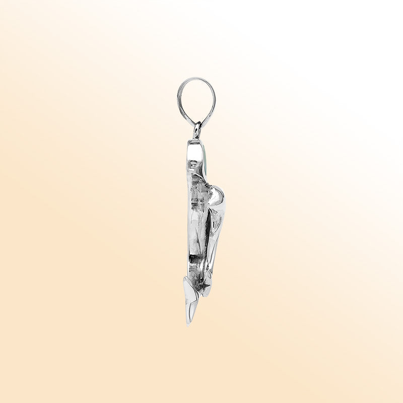 Elegant sterling silver dolphin pendant with mother of pearl inlay and Balinese craftsmanship in a polished ocean-inspired design.