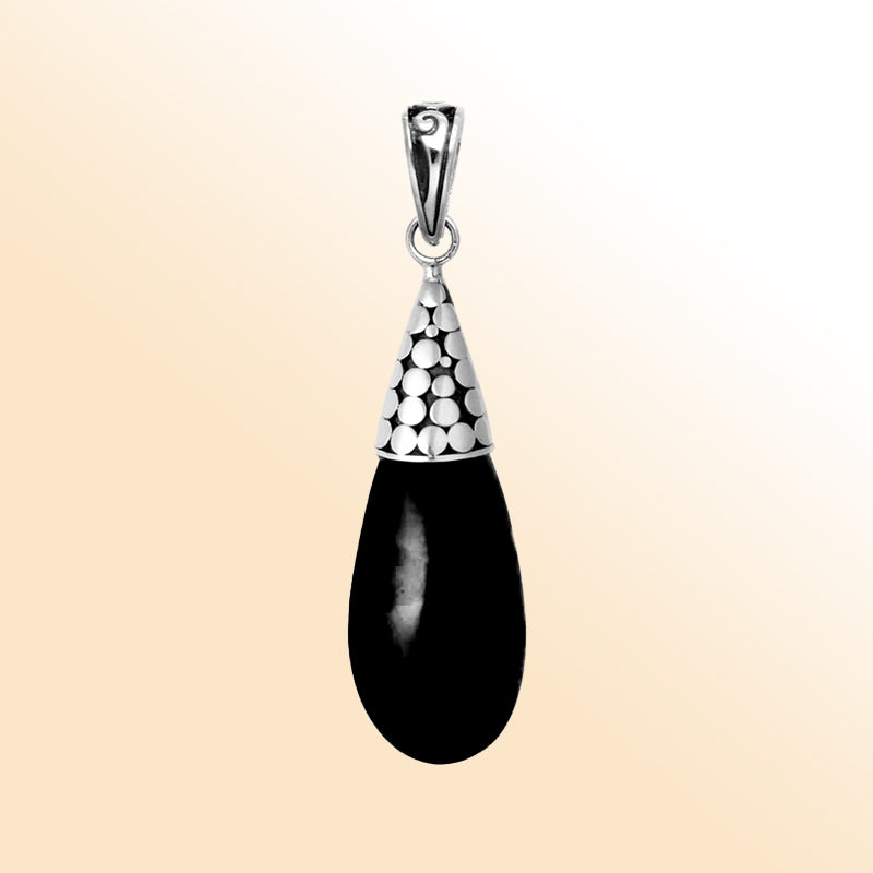Handcrafted Sterling Silver Black Shell Teardrop Pendant From Bali With Dotted Silver Cap