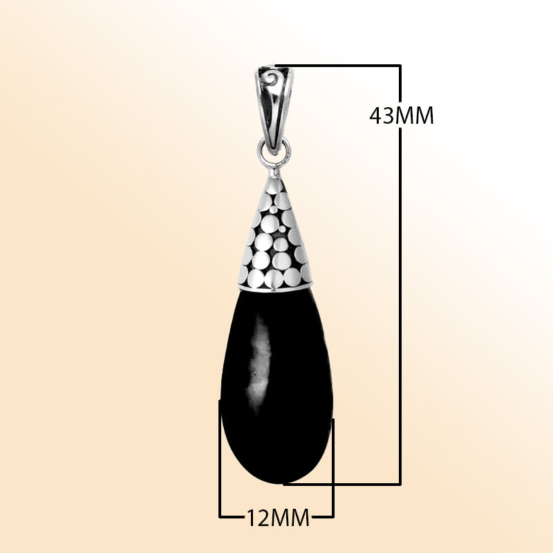Handcrafted Sterling Silver Black Shell Teardrop Pendant From Bali With Dotted Silver Cap