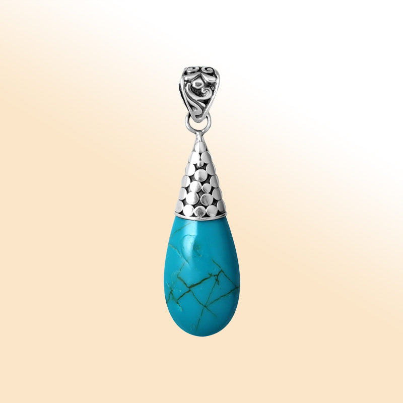 Sterling Silver Turquoise Shell Teardrop Pendant With Artistic Balinese Dot Motif And Polished Finish