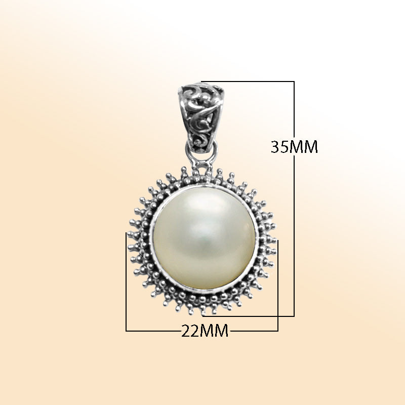 Elegant sterling silver Mabe Pearl pendant with oxidized Balinese handcrafted beaded frame.