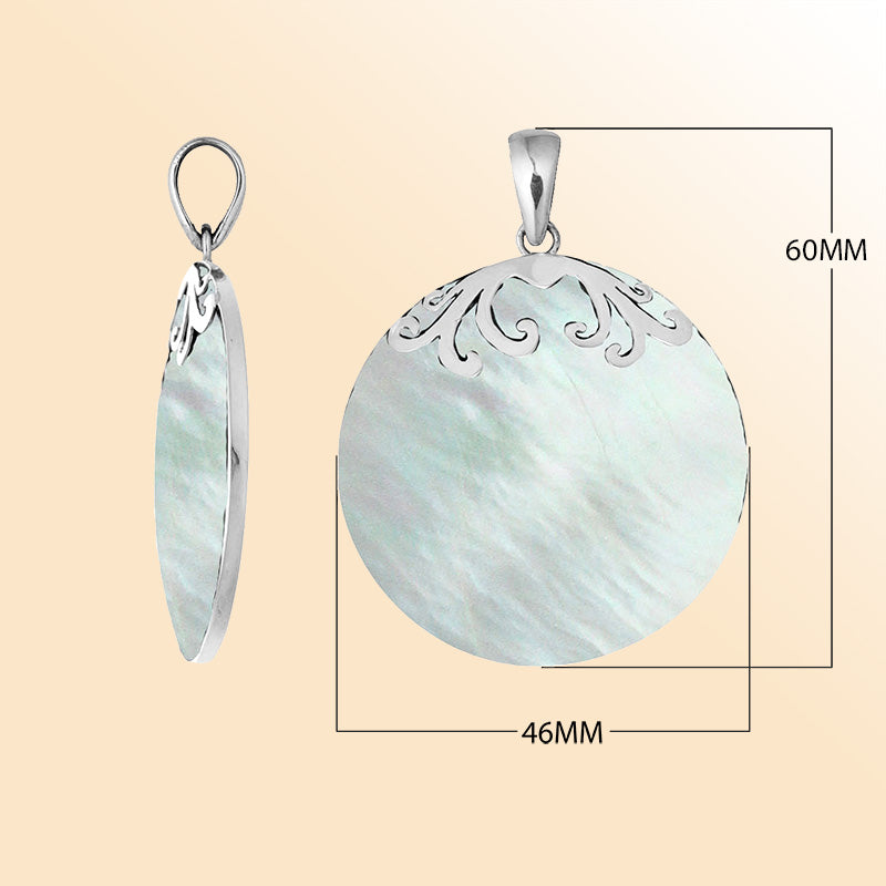 Elegant sterling silver Mother Of Pearl pendant with polished scroll design handcrafted in Bali.