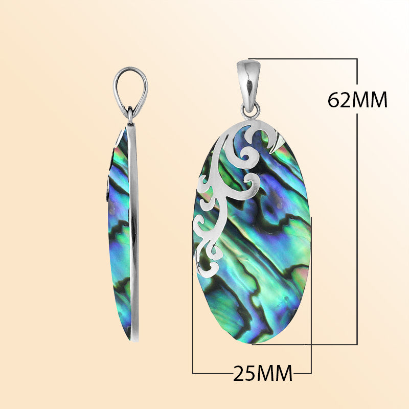 Artisan sterling silver pendant with vibrant abalone shell and flowing swirl accents in a polished finish.