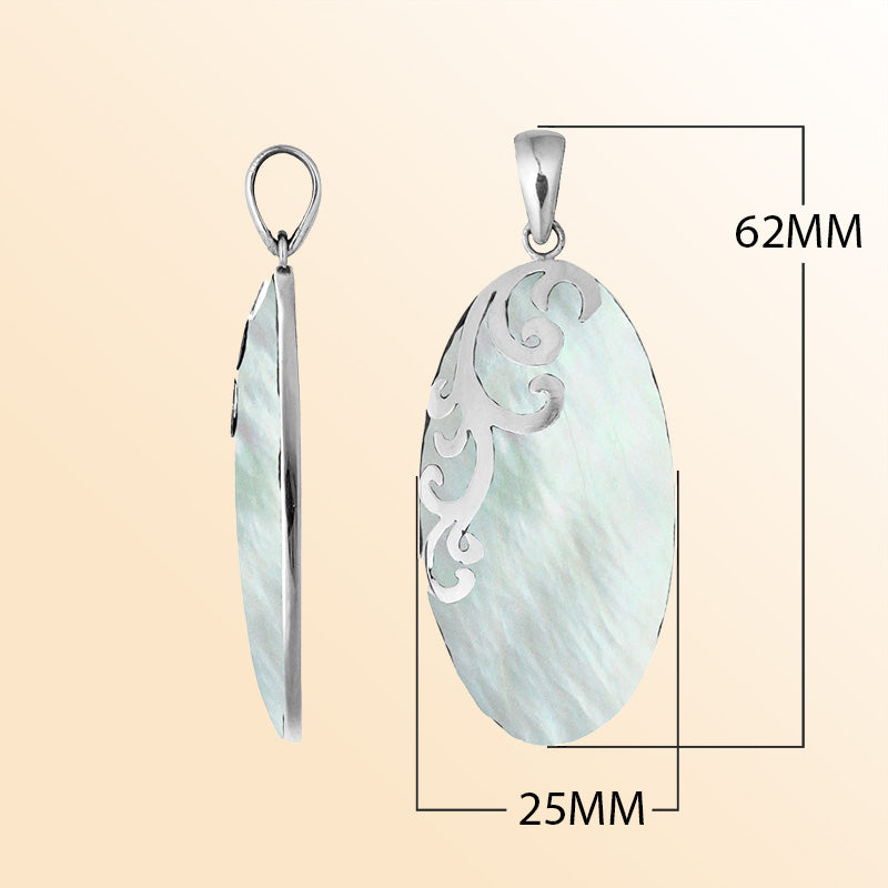 Artisan sterling silver pendant with luminous Mother of Pearl and flowing swirl accents.
