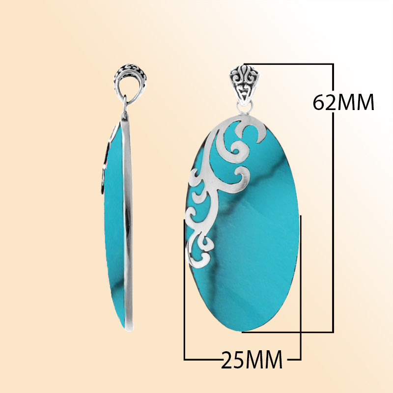Elegant sterling silver Turquoise Shell pendant with handcrafted scroll design made in Bali.