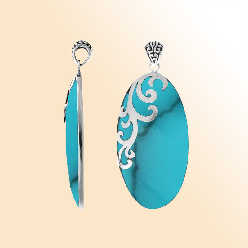 Elegant sterling silver Turquoise Shell pendant with handcrafted scroll design made in Bali.