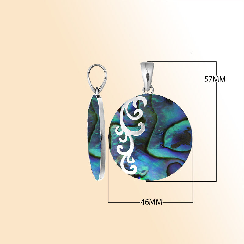 Artisan sterling silver pendant with vibrant abalone shell and flowing swirl accents in a polished finish.