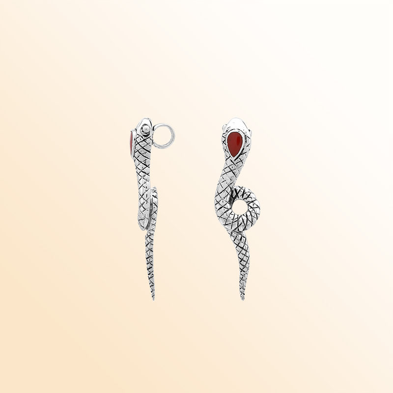 Artisan sterling silver snake pendant with Red Coral accent and serpentine detailing.