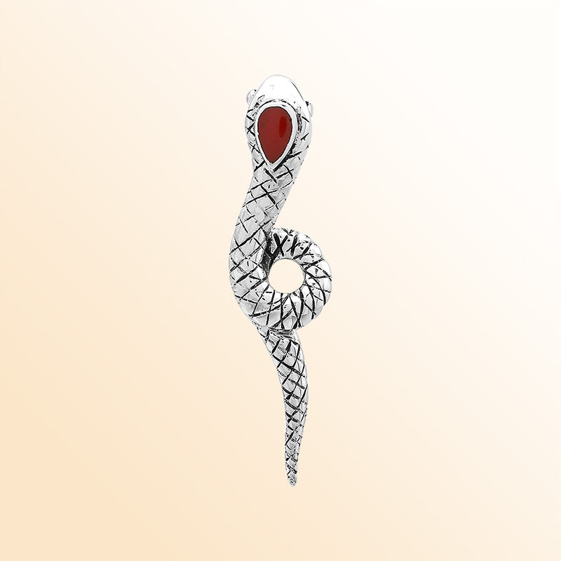 Artisan sterling silver snake pendant with Red Coral accent and serpentine detailing.