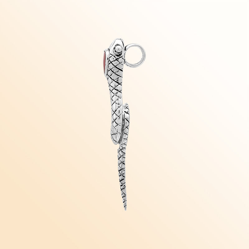 Artisan sterling silver snake pendant with Red Coral accent and serpentine detailing.
