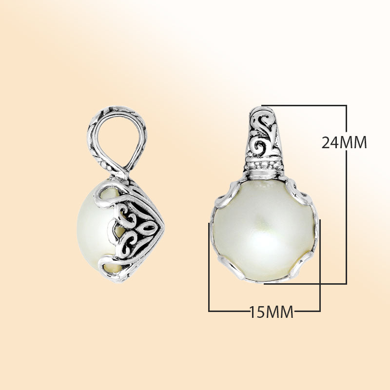 Artisan sterling silver Mabe Pearl pendant with delicate Balinese filigree design.