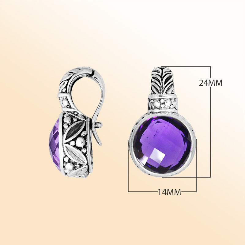 Artisan sterling silver amethyst quartz pendant with Balinese enhancer bail.