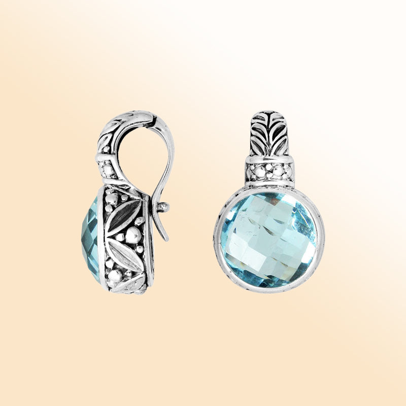 Artisan sterling silver Blue Topaz Quartz pendant with Balinese enhancer bail.