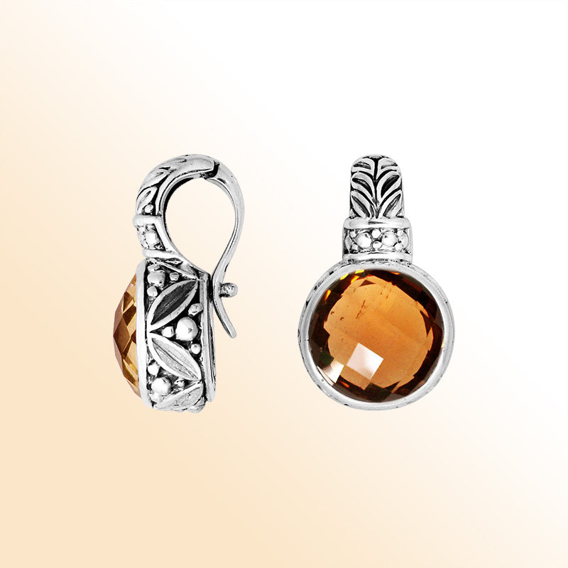 Artisan sterling silver Citrine Quartz pendant with Balinese enhancer bail.