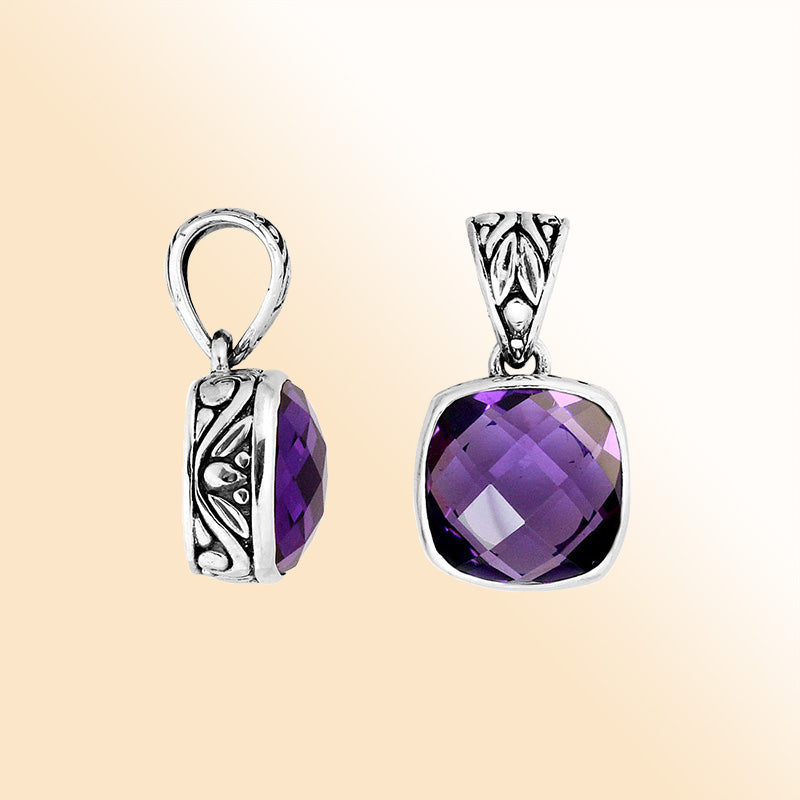Artisan sterling silver Amethyst Quartz cushion pendant with detailed Balinese enhancer bail.