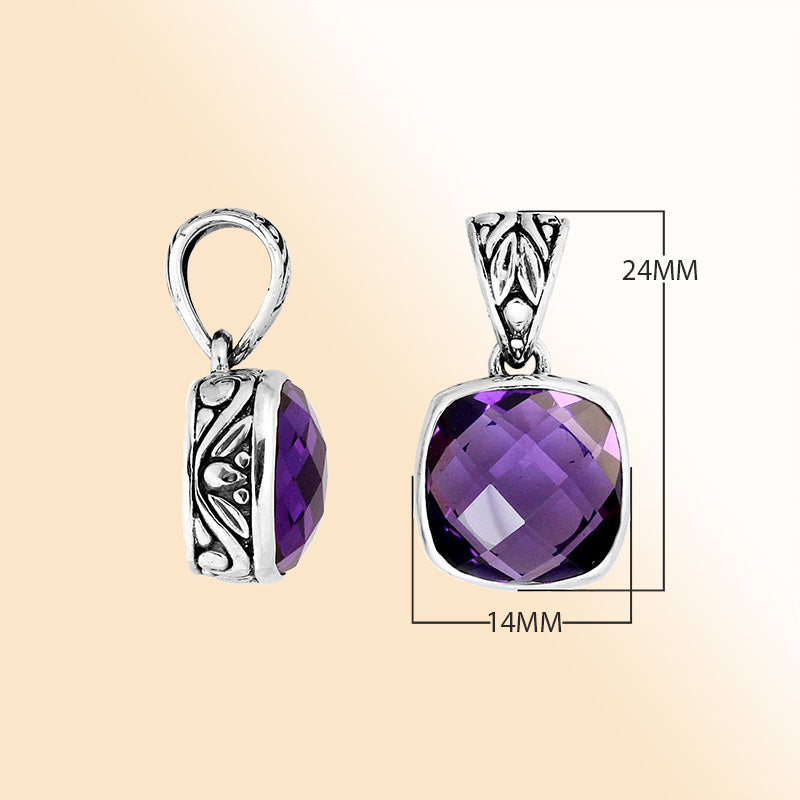 Artisan sterling silver Amethyst Quartz cushion pendant with detailed Balinese enhancer bail.