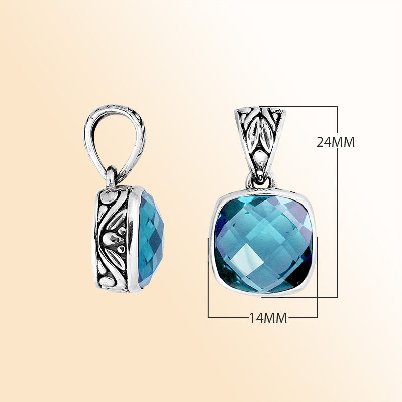 Artisan sterling silver Blue Topaz Quartz cushion pendant with detailed Balinese enhancer bail.