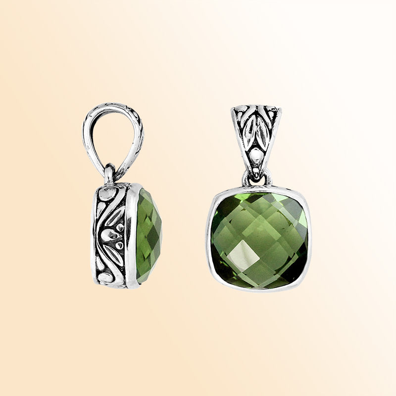 Artisan sterling silver Green Amethyst Quartz pendant with Balinese enhancer bail.