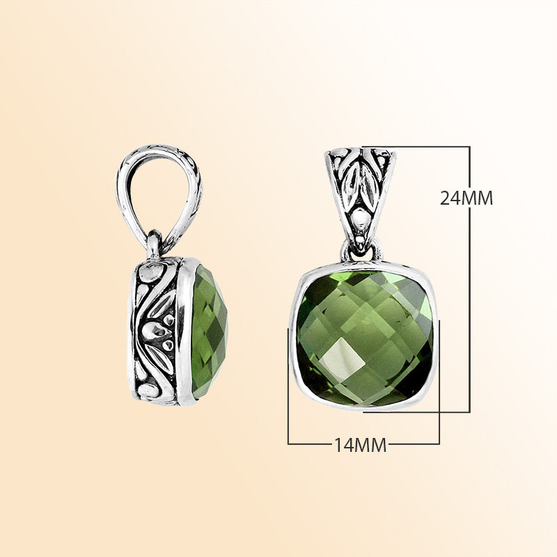 Artisan sterling silver Green Amethyst Quartz pendant with Balinese enhancer bail.
