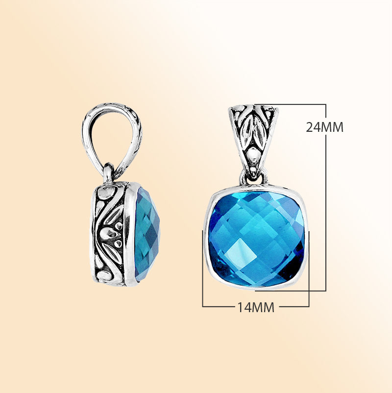 Artisan sterling silver London Blue Topaz Quartz pendant with detailed Balinese enhancer bail.