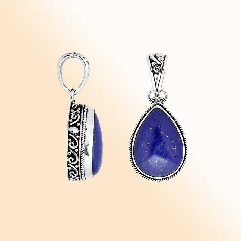 Artisan sterling silver Lapis teardrop pendant with Balinese ornate detailing.
