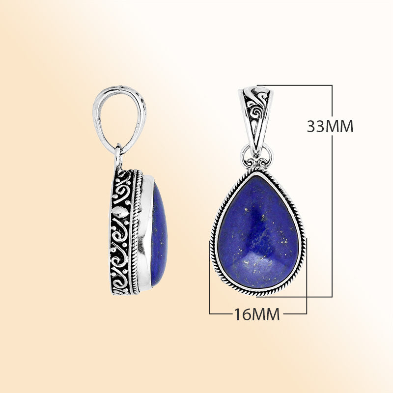 Artisan sterling silver Lapis teardrop pendant with Balinese ornate detailing.