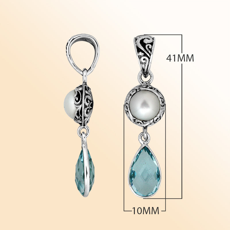 Artistic sterling silver Mabe Pearl and Blue Topaz Quartz dual-drop pendant.