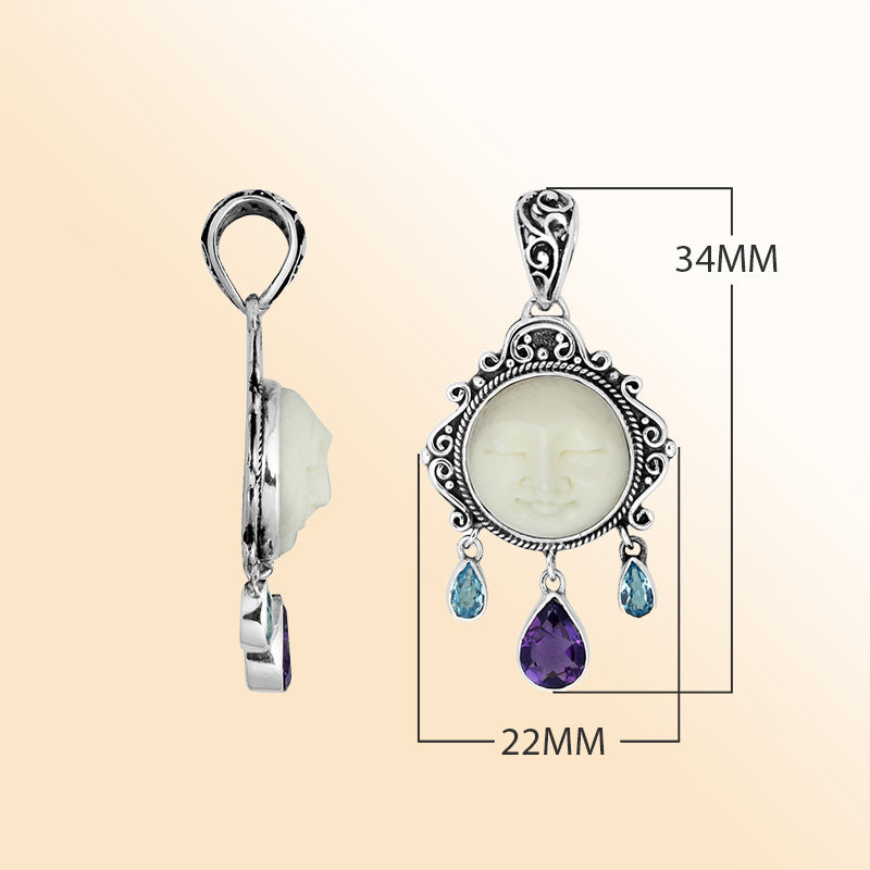 Artistic sterling silver Bone Face pendant with Amethyst Quartz and Blue Topaz Quartz.