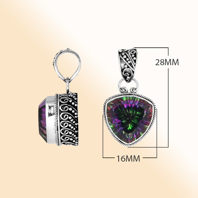 Artisan sterling silver Mystic Quartz trillion pendant with Balinese swirl accents.
