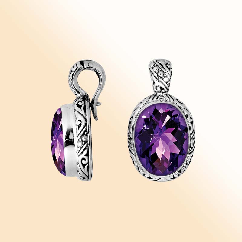 Sterling silver oval Amethyst Quartz pendant with enhancer bail and elegant Balinese detailing for timeless styling.