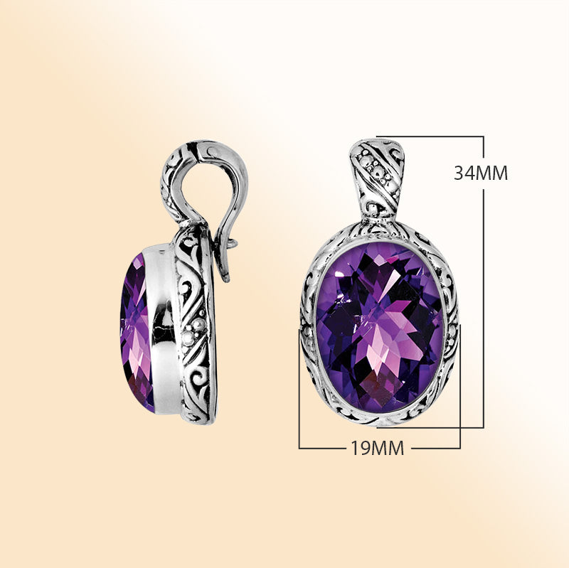 Sterling silver oval Amethyst Quartz pendant with enhancer bail and elegant Balinese detailing for timeless styling.