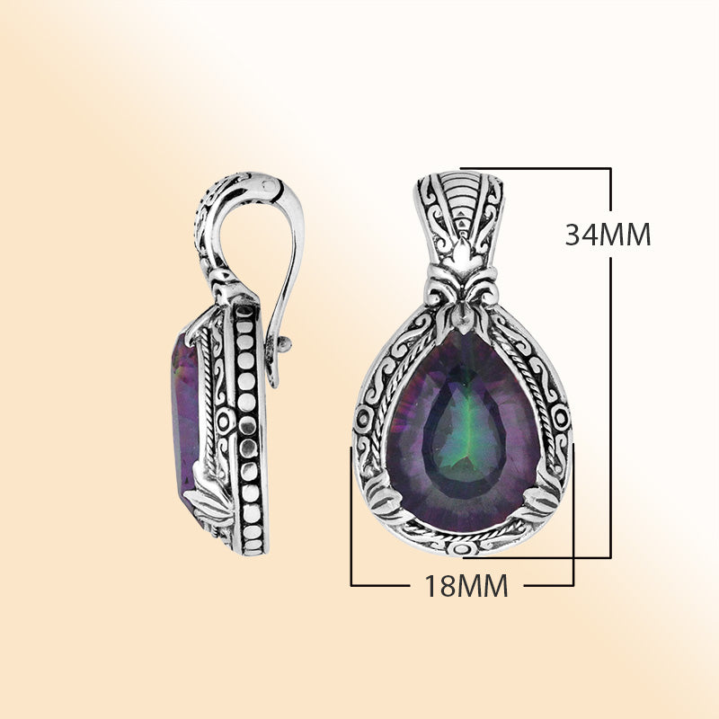 Handcrafted sterling silver pendant featuring a teardrop Mystic Quartz with artistic Balinese detailing and a bright polished finish.