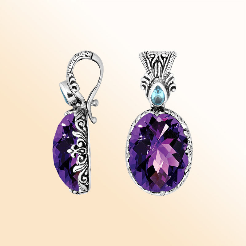 Sterling silver Amethyst Quartz and Blue Topaz Quartz pendant with Balinese handicraft design handcrafted in Bali