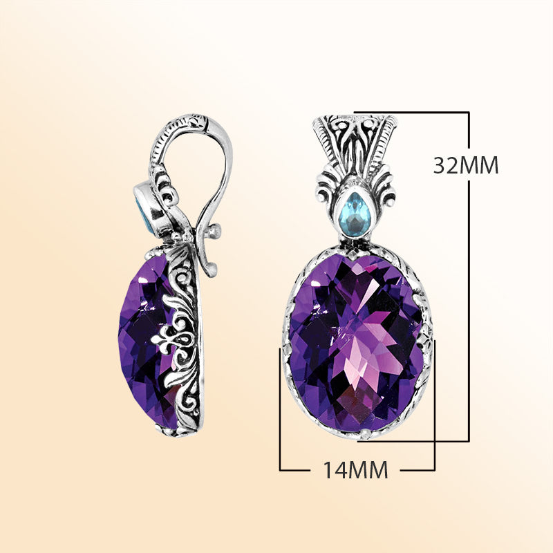 Sterling silver Amethyst Quartz and Blue Topaz Quartz pendant with Balinese handicraft design handcrafted in Bali