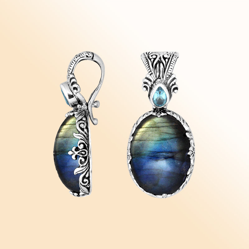 Sterling silver Labradorite and Blue Topaz Quartz pendant with Balinese handicraft design handcrafted in Bali