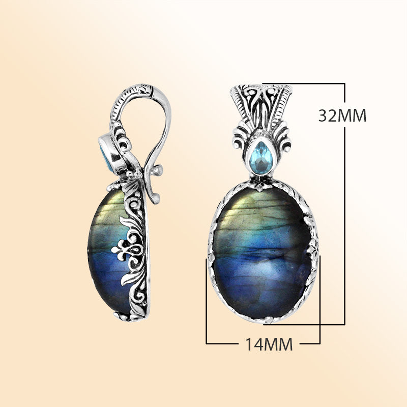 Sterling silver Labradorite and Blue Topaz Quartz pendant with Balinese handicraft design handcrafted in Bali