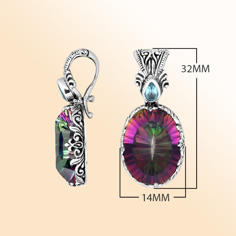 Handcrafted sterling silver pendant featuring Mystic Quartz with Blue Topaz Quartz accent and artistic Balinese detailing.