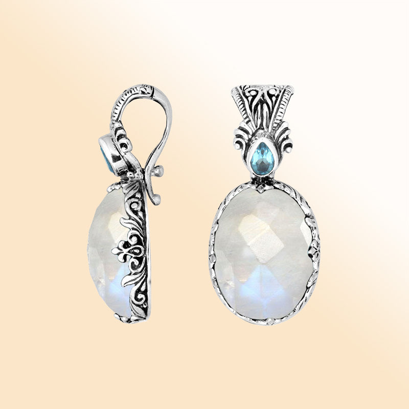 Sterling silver Rainbow Moonstone and Blue Topaz Quartz Pendant with Balinese handicraft design handcrafted in Bali