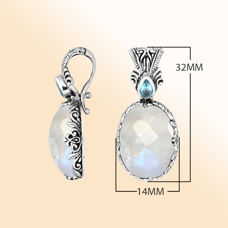 Sterling silver Rainbow Moonstone and Blue Topaz Quartz Pendant with Balinese handicraft design handcrafted in Bali
