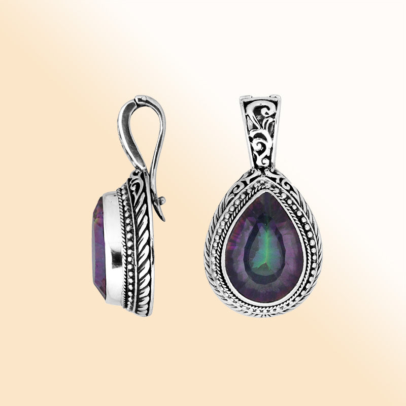 Sterling silver Mystic Topaz Quartz pear shape pendant with enhancer bail and Balinese handicraft design handcrafted in Bali