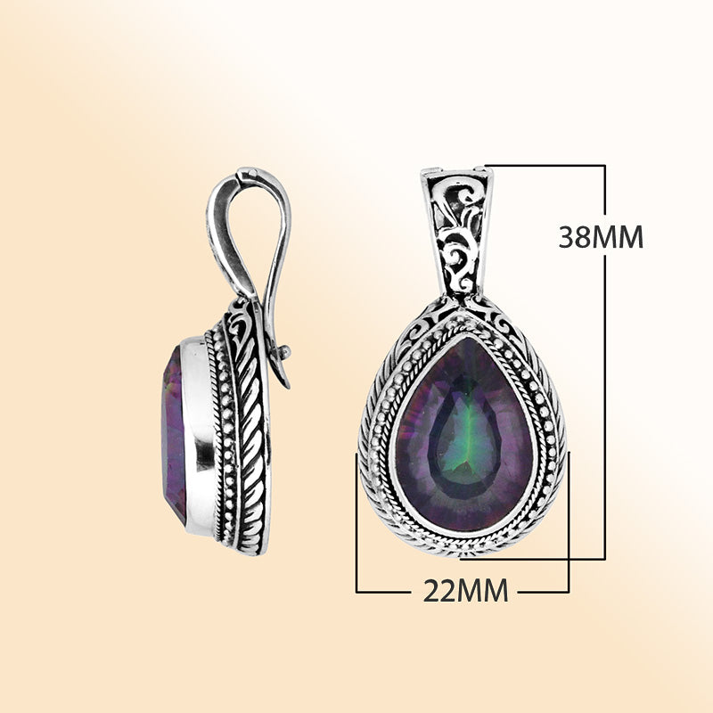 Sterling silver Mystic Topaz Quartz pear shape pendant with enhancer bail and Balinese handicraft design handcrafted in Bali