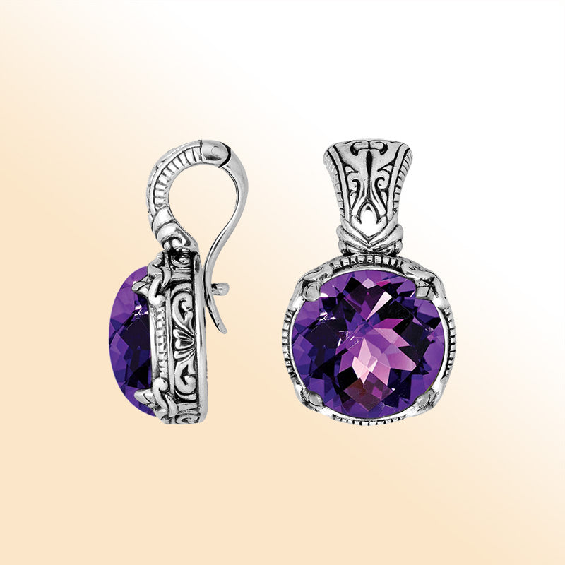 Handcrafted sterling silver cushion pendant featuring faceted Amethyst Quartz with artistic Balinese detailing and glossy polished finish.
