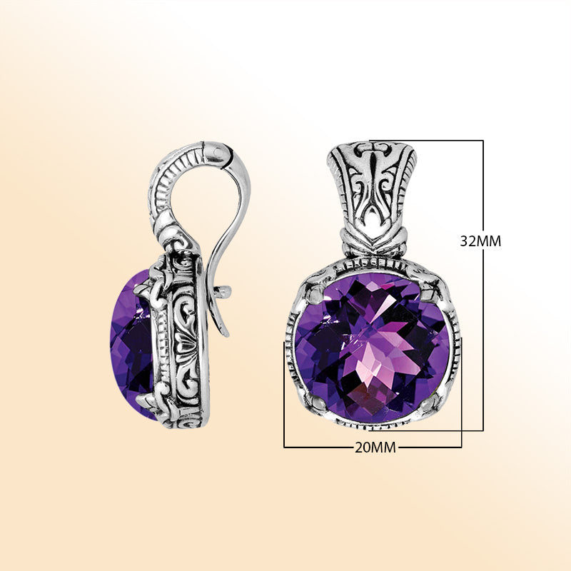 Handcrafted sterling silver cushion pendant featuring faceted Amethyst Quartz with artistic Balinese detailing and glossy polished finish.