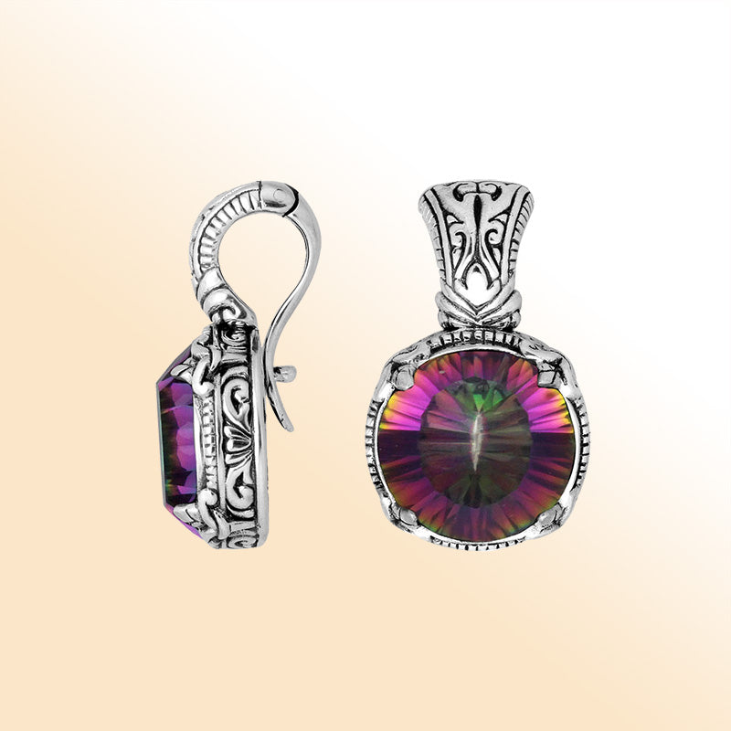 Sterling silver Mystic Topaz Quartz round pendant with Balinese handicraft design handcrafted in Bali