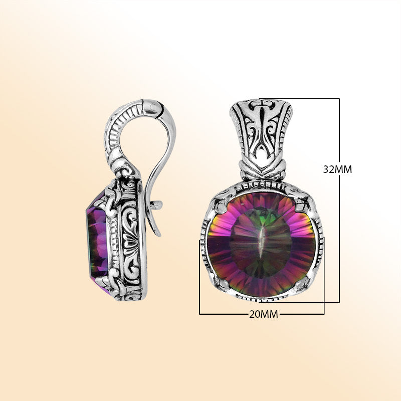 Sterling silver Mystic Topaz Quartz round pendant with Balinese handicraft design handcrafted in Bali