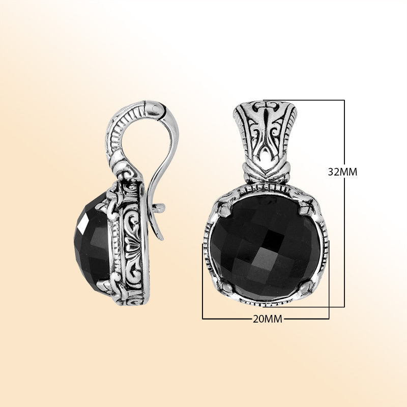 Handcrafted sterling silver cushion pendant featuring Black Onyx with artistic Balinese detailing and a polished glossy finish.